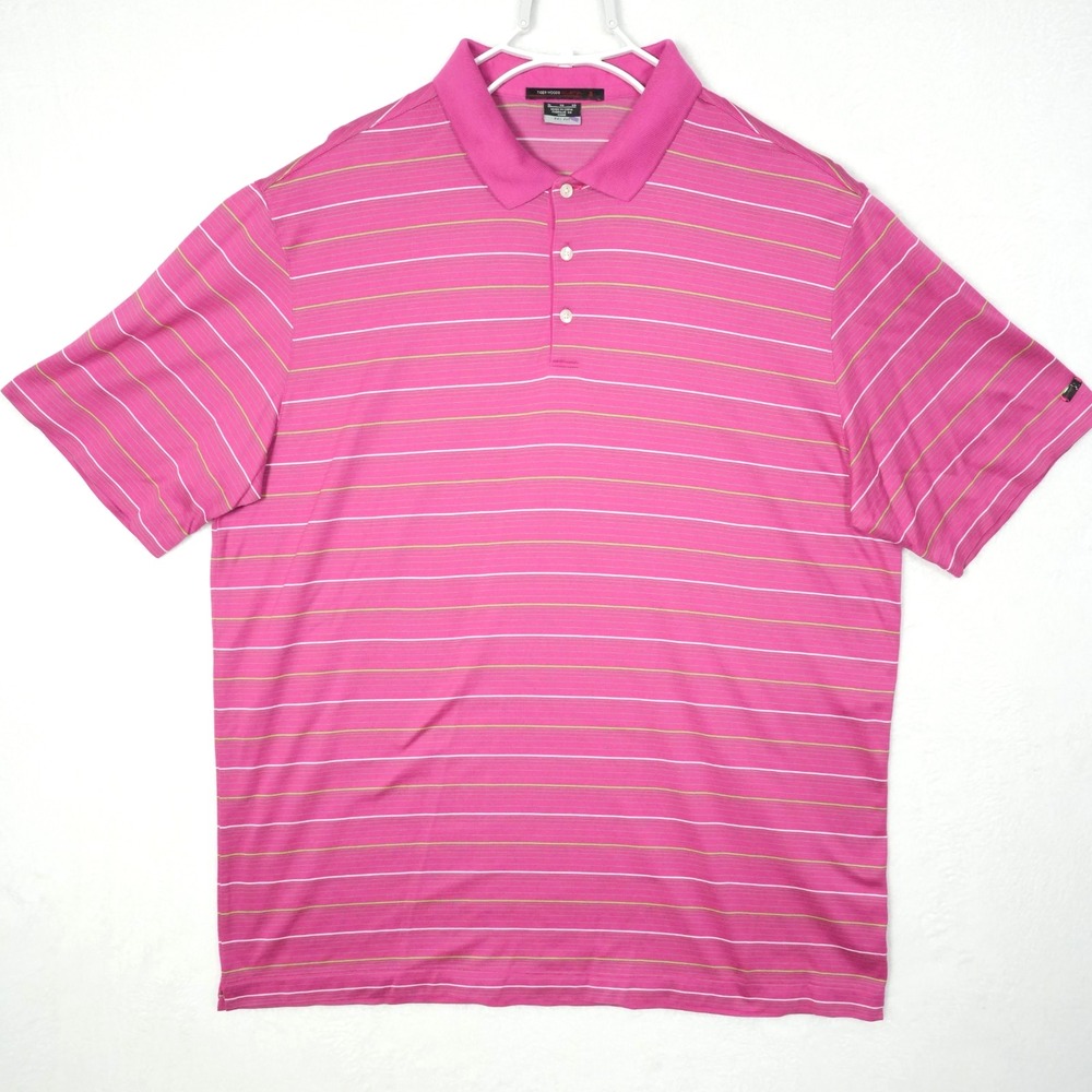 Nike Tiger Woods Collection Pink Striped Dri-FIT Golf Polo Shirt Mens XL